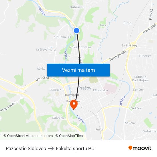 Rázcestie Šidlovec to Fakulta športu PU map