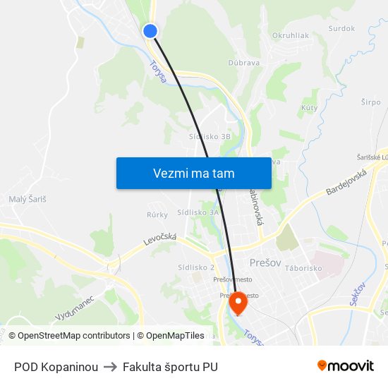 POD Kopaninou to Fakulta športu PU map