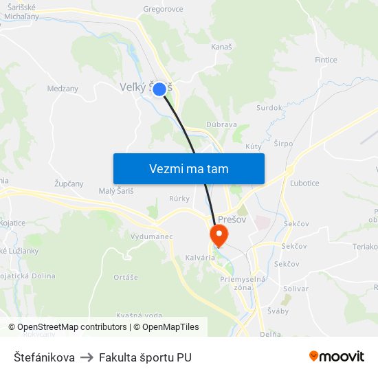 Štefánikova to Fakulta športu PU map