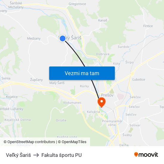 Veľký Šariš to Fakulta športu PU map