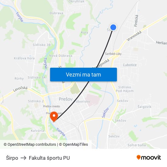 Širpo to Fakulta športu PU map