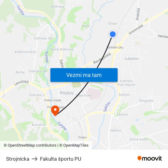 Strojnícka to Fakulta športu PU map