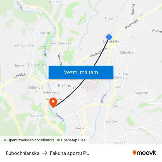 Ľubochnianska to Fakulta športu PU map