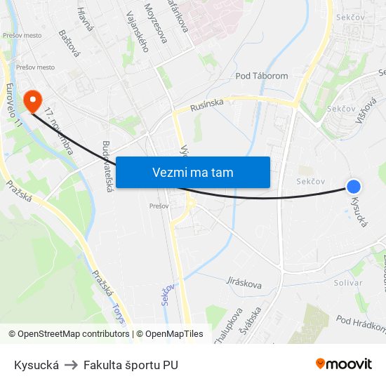 Kysucká to Fakulta športu PU map