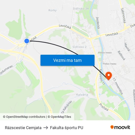 Rázscestie Cemjata to Fakulta športu PU map