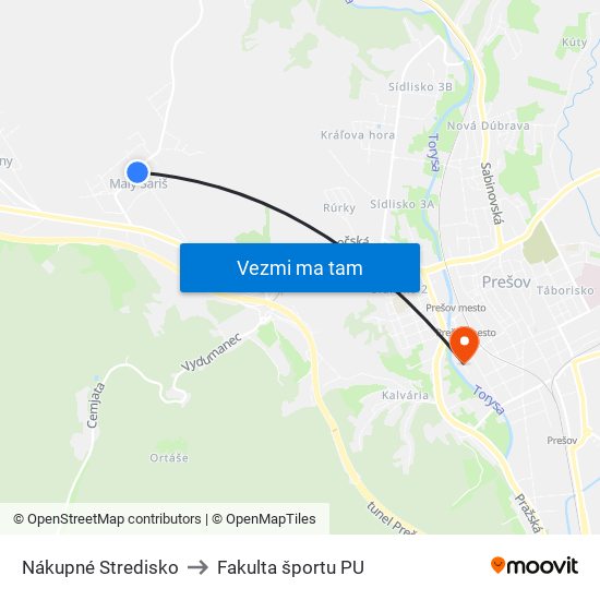 Nákupné Stredisko to Fakulta športu PU map