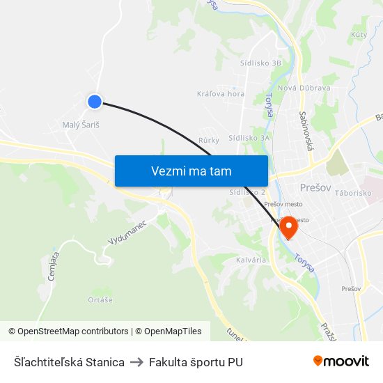 Šľachtiteľská Stanica to Fakulta športu PU map