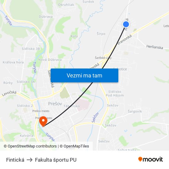 Fintická to Fakulta športu PU map