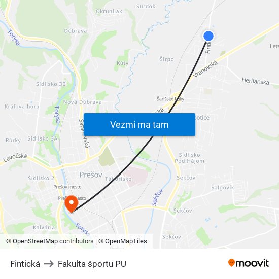 Fintická to Fakulta športu PU map