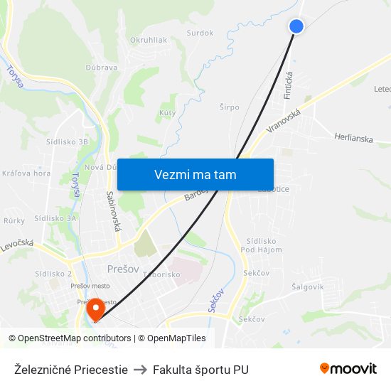 Železničné Priecestie to Fakulta športu PU map