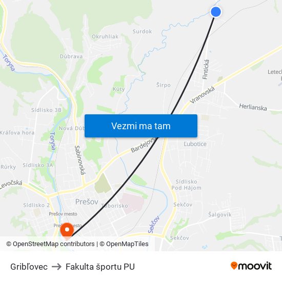 Gribľovec to Fakulta športu PU map