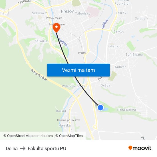 Delňa to Fakulta športu PU map