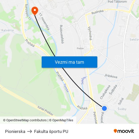 Pionierska to Fakulta športu PU map