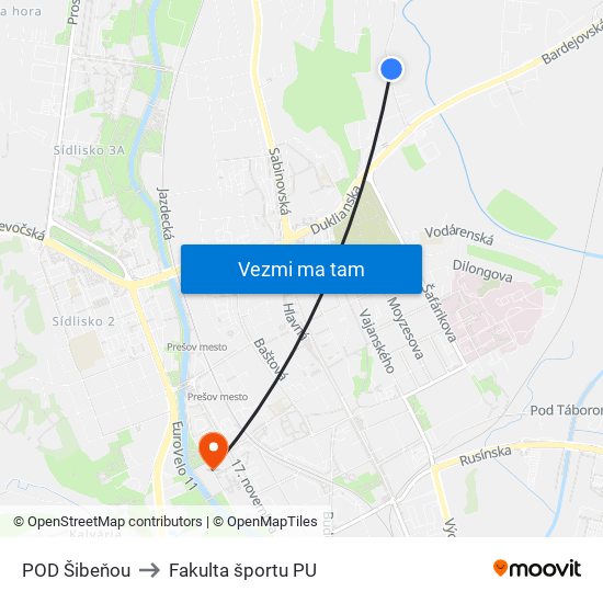 POD Šibeňou to Fakulta športu PU map