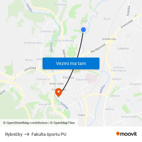 Rybníčky to Fakulta športu PU map