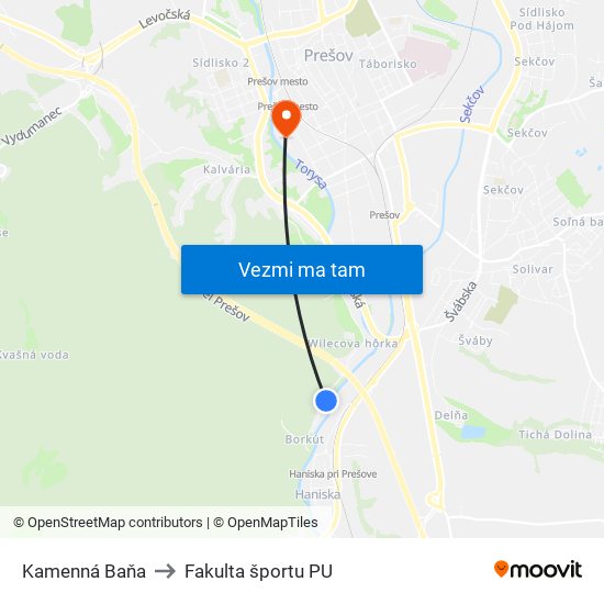 Kamenná Baňa to Fakulta športu PU map