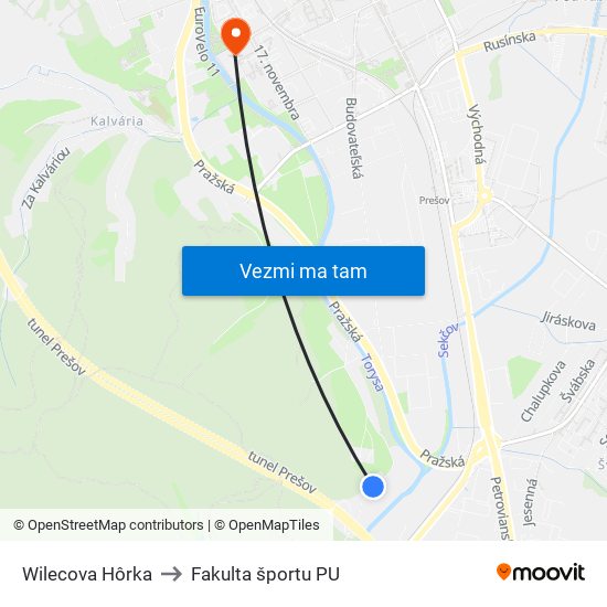 Wilecova Hôrka to Fakulta športu PU map