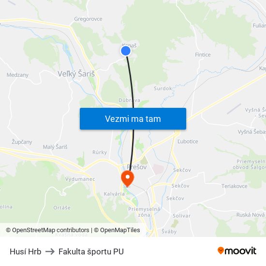 Husí Hrb to Fakulta športu PU map