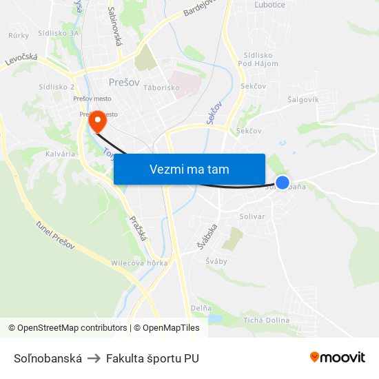 Soľnobanská to Fakulta športu PU map