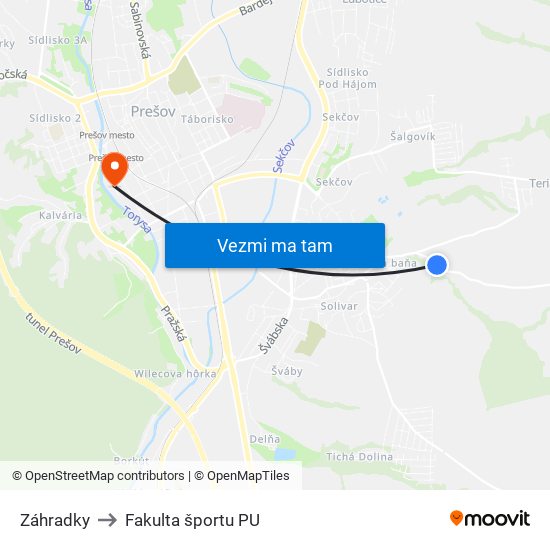 Záhradky to Fakulta športu PU map