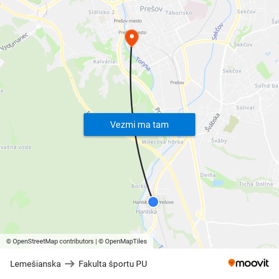 Lemešianska to Fakulta športu PU map