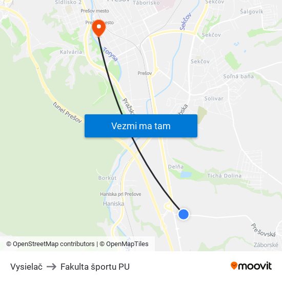 Vysielač to Fakulta športu PU map