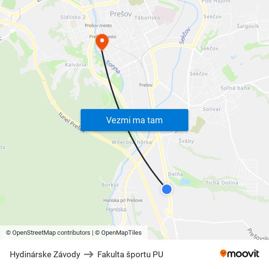 Hydinárske Závody to Fakulta športu PU map