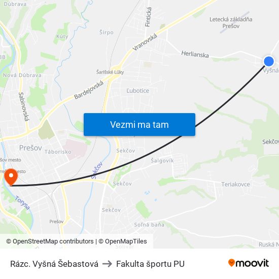 Rázc. Vyšná Šebastová to Fakulta športu PU map