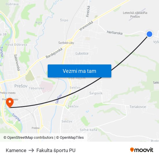 Kamence to Fakulta športu PU map