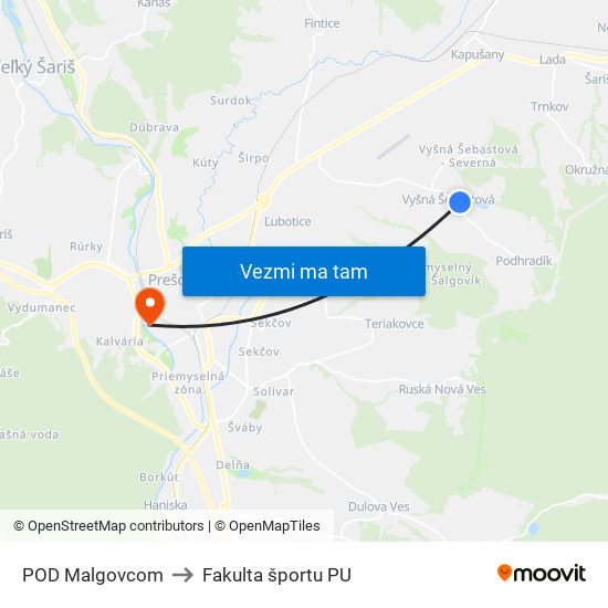 POD Malgovcom to Fakulta športu PU map