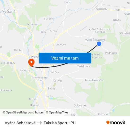 Vyšná Šebastová to Fakulta športu PU map