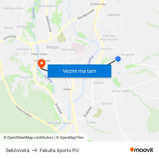 Sekčovská to Fakulta športu PU map