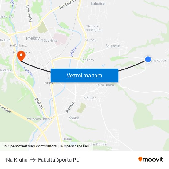 Na Kruhu to Fakulta športu PU map