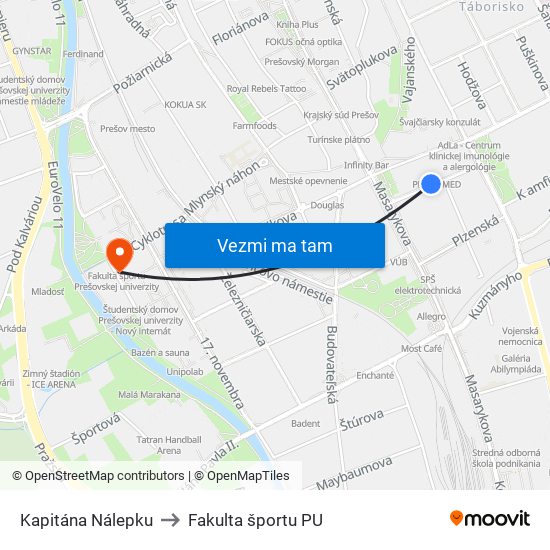 Kapitána Nálepku to Fakulta športu PU map