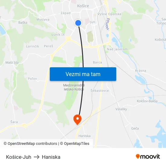 Košice-Juh to Haniska map