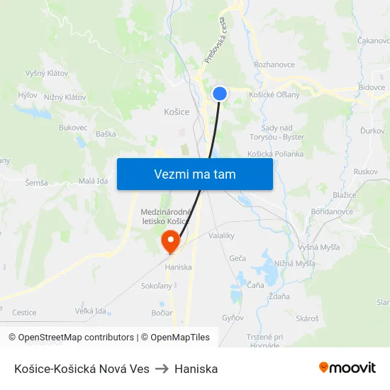 Košice-Košická Nová Ves to Haniska map