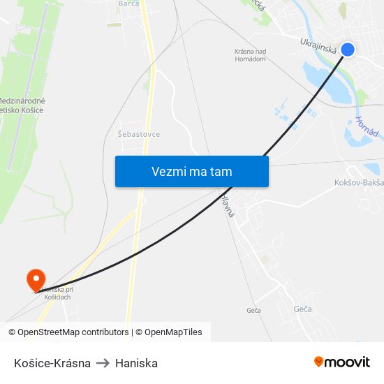 Košice-Krásna to Haniska map