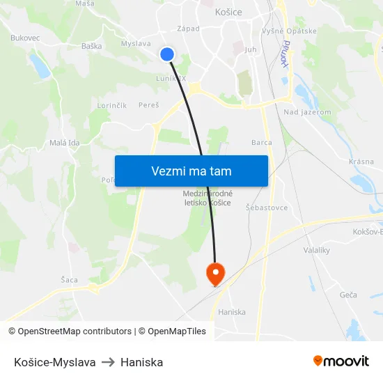 Košice-Myslava to Haniska map
