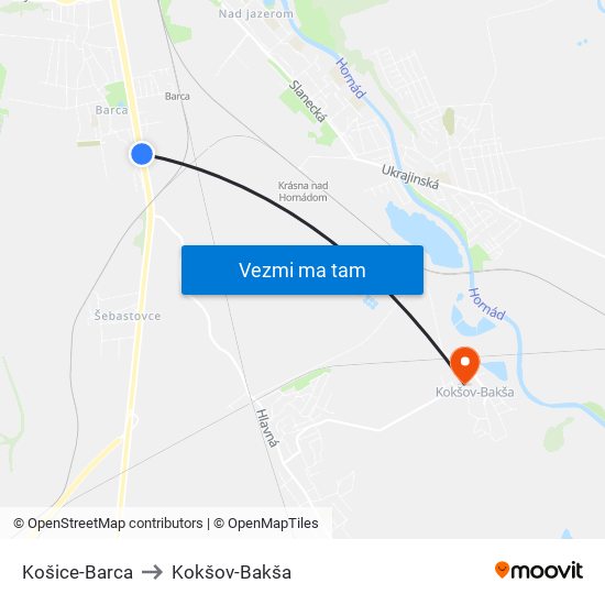 Košice-Barca to Kokšov-Bakša map