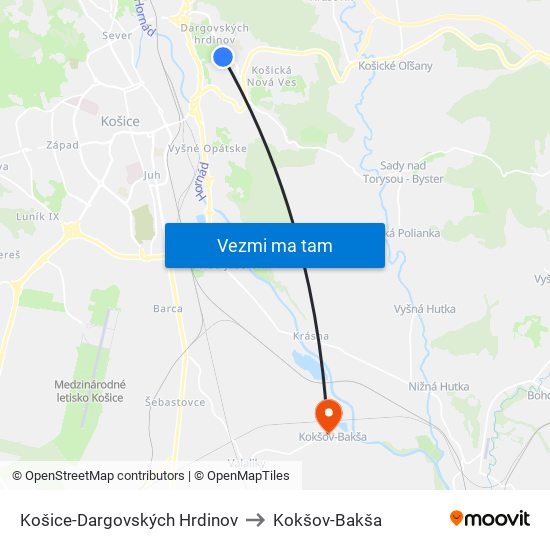 Košice-Dargovských Hrdinov to Kokšov-Bakša map