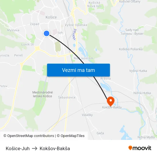 Košice-Juh to Kokšov-Bakša map