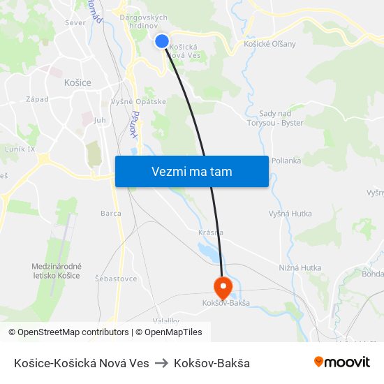 Košice-Košická Nová Ves to Kokšov-Bakša map