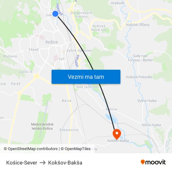 Košice-Sever to Kokšov-Bakša map