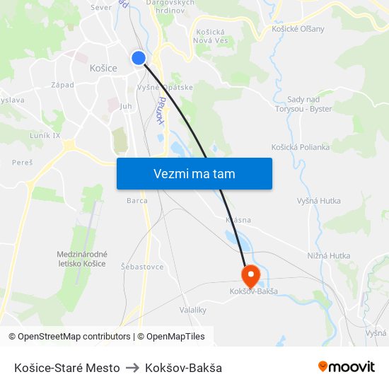 Košice-Staré Mesto to Kokšov-Bakša map