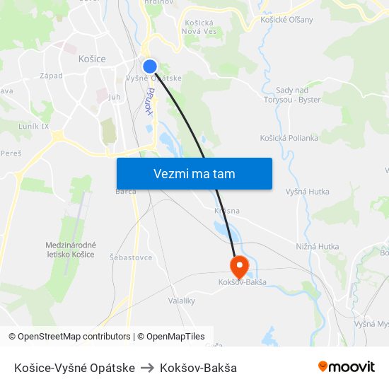 Košice-Vyšné Opátske to Kokšov-Bakša map