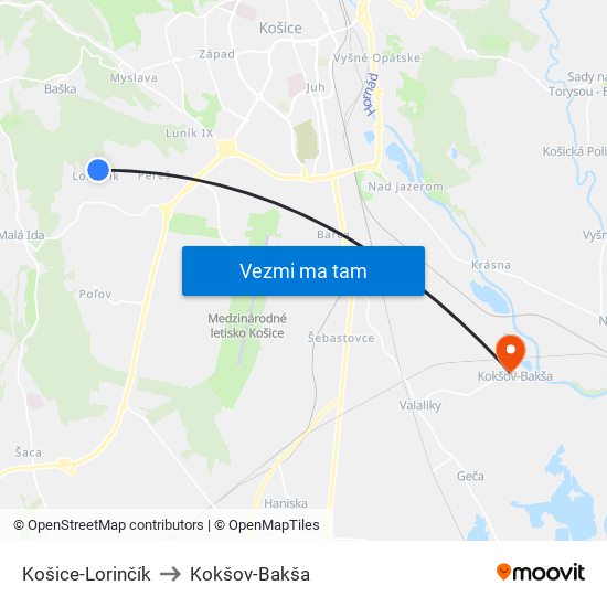 Košice-Lorinčík to Kokšov-Bakša map