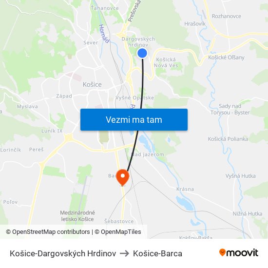 Košice-Dargovských Hrdinov to Košice-Barca map