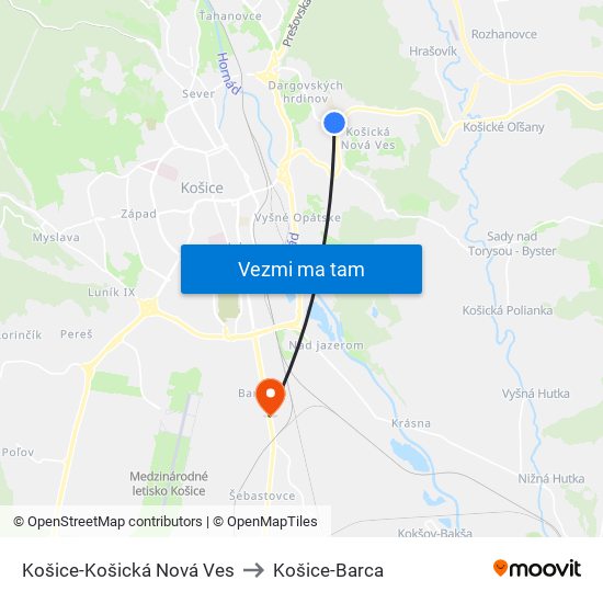 Košice-Košická Nová Ves to Košice-Barca map