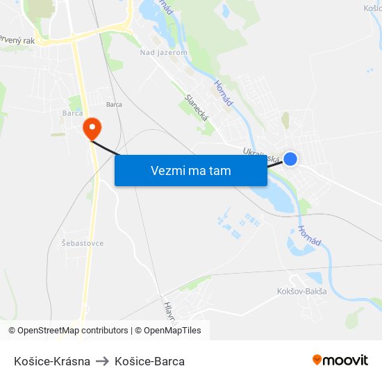 Košice-Krásna to Košice-Barca map