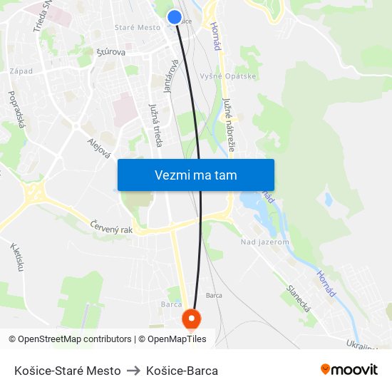 Košice-Staré Mesto to Košice-Barca map